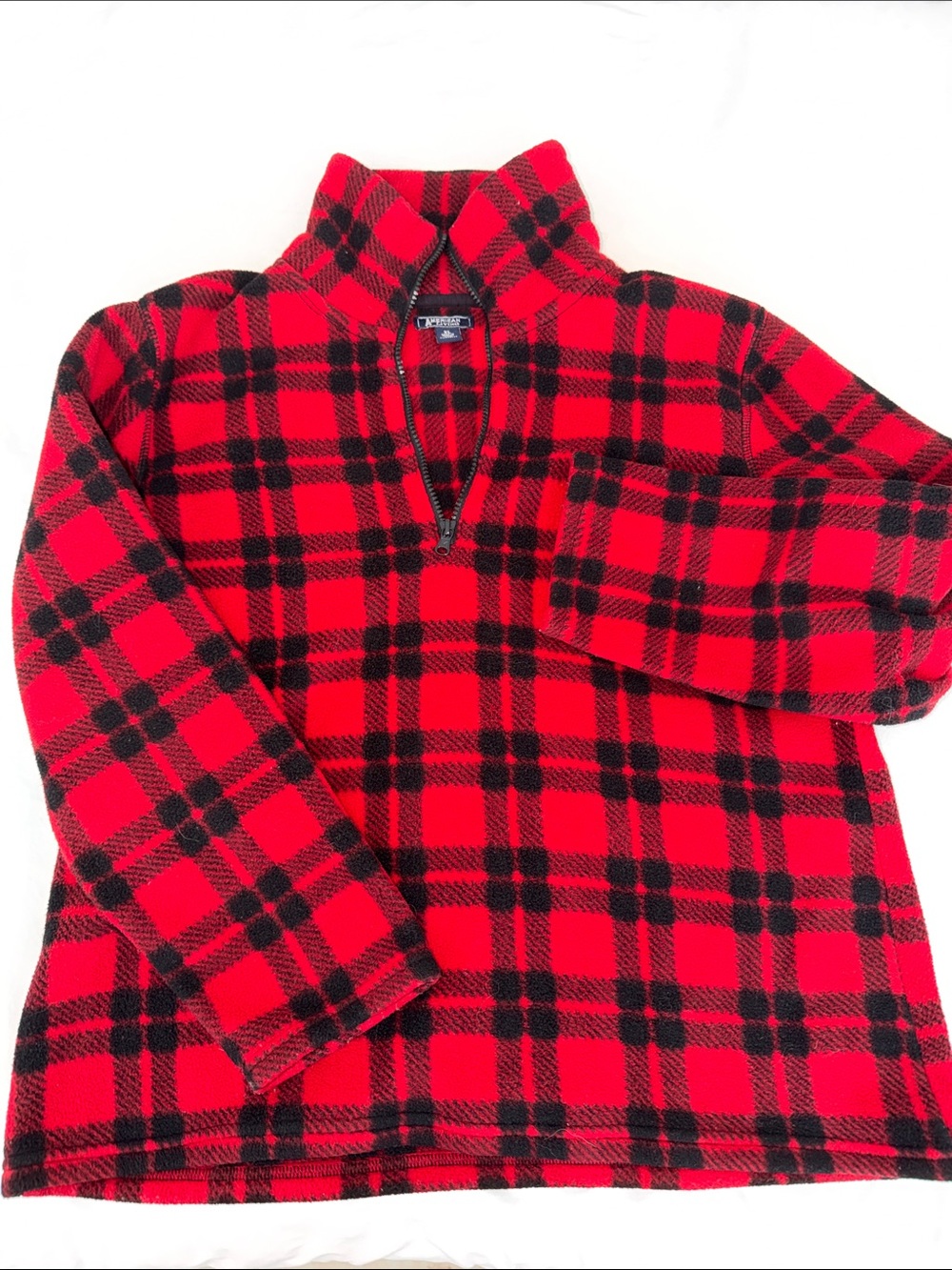 American Living Red and Black Plaid Zip-Neck Fleece Pullover